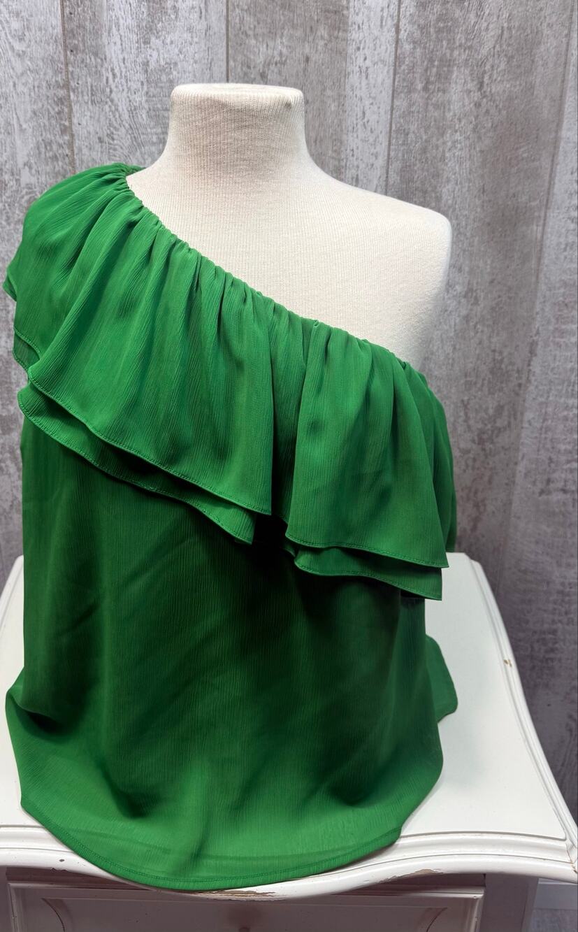 Main Strip Women’s Large Green One Shoulder Ruffle Blouse Asymmetrical Party Top